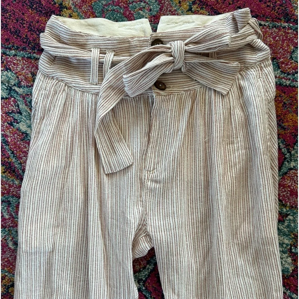 Free People | Women’s amber/cream striped ankle pants, 3 button front, tie belt